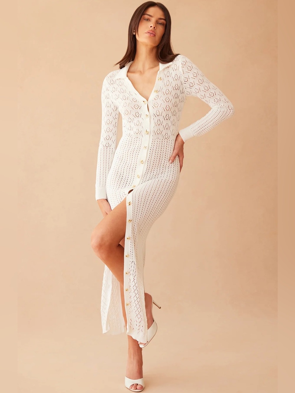 GENERATION LOVE Eleni Pointelle Knit Dress White L Gold Button Midi Cover Up - Picture 2 of 16